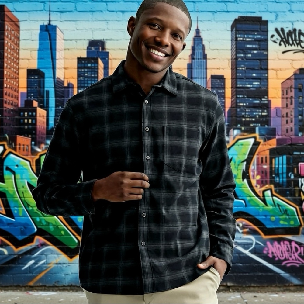Apt. 9 Charcoal Stretch Flannel Plaid Button Up Long Sleeved Shirt Size Large